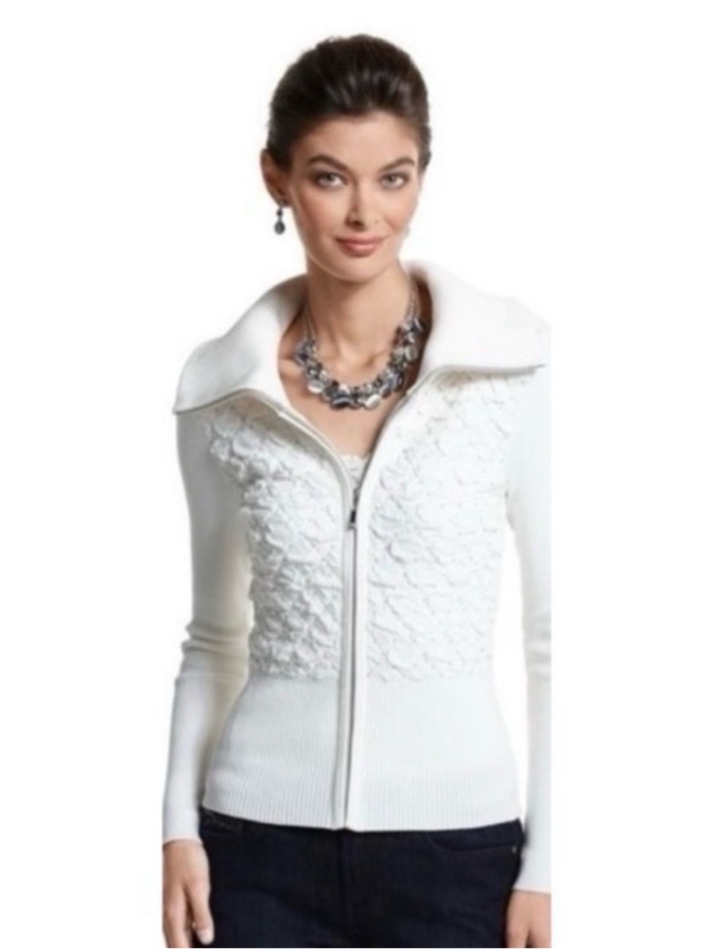 White House Black Market White Zip-Up Textured Knit Cardigan
